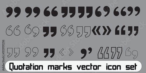 Quotation marks vector icon set. Collection of black and white quote symbols, speech marks, and punctuation elements for graphic design.