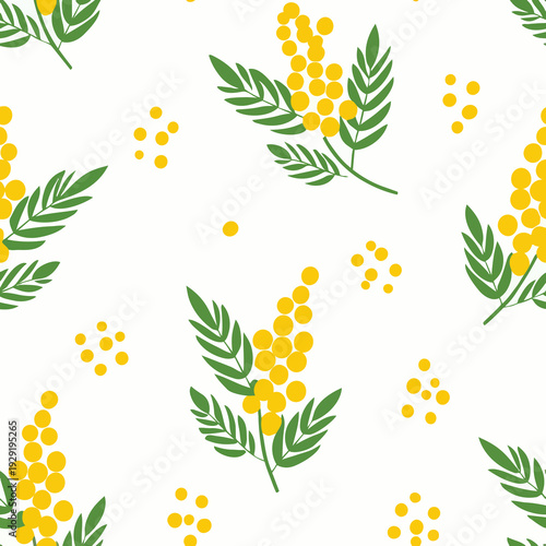 Seamless mimosa flower pattern with bright yellow blooms and green leaves on white: spring botanical surface design for fabric.
