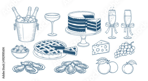 Elegant Hand Drawn Celebration Feast Food and Drinks Sketch Collection Vector Illustration