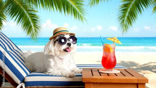 Small White Dog on Blue Striped Lounge Chair Wearing Woven Hat and Sunglasses with a Red Cocktail on Tropical Beach