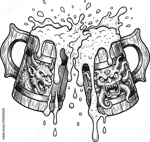 Hand Drawn Vintage Wooden Beer Mugs with Monster Carvings Clinking Vector Illustration, Retro Rustic Wooden Tavern Pint Glasses Dragon and Monster Toast Isolated 