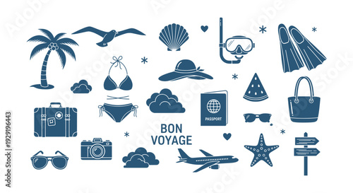 Summer Travel Vacation Icons Set Beach Holiday Essentials Flat Design Vector Illustration