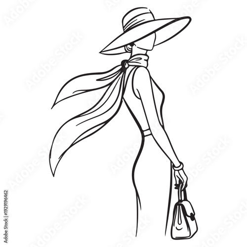 Elegant Woman in Wide Brim Hat with Flowing Scarf Line Art Illustration