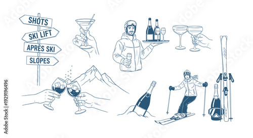 Hand-Drawn Après Ski Celebration Vector Collection Winter Mountain Resort Drinks and Leisure Activities