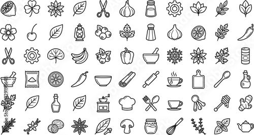Hand Drawn Kitchen Food and Nature Icon Collection Outline Doodle Vector Set