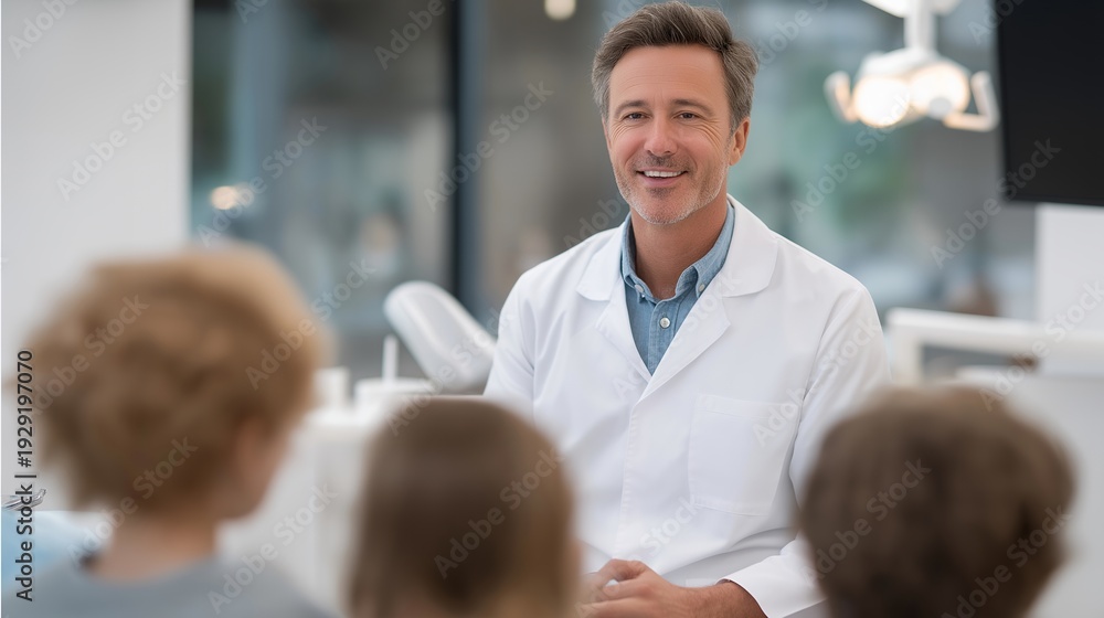 Obraz premium World Oral Health Day concept with dentist educating diverse patients about proper dental hygiene in a modern clinic, perfect for March health awareness, dental wellness, oral health education,