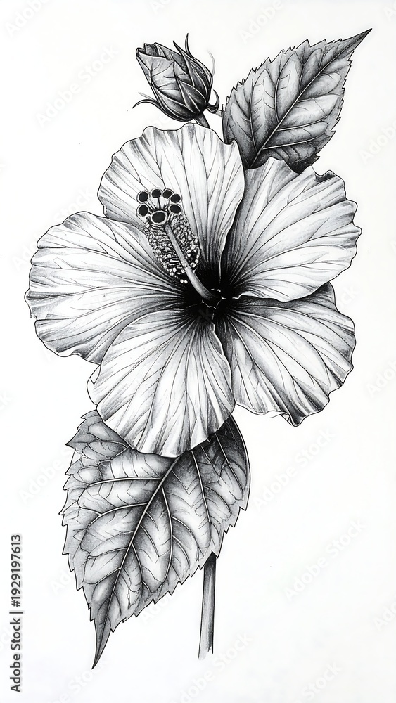 Fototapeta premium A detailed black and white drawing of a flower with leaves