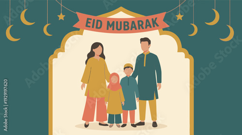Minimalist illustration of a Muslim family celebrating Eid Mubarak