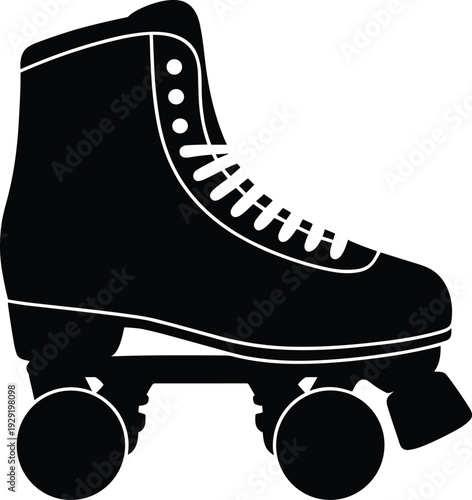 Roller skate silhouette, classic design, four wheels, high ankle boot, laces, toe stop, recreational skating, sports icon, cad drawing flat vector illustration