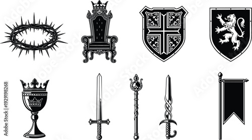 Medieval Royal Symbols Set Crown Throne Sword Shield and Heraldic Icons Isolated on White Background Vector
