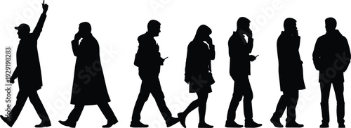 Silhouette people walking with phones, modern lifestyle vector, digital distraction artwork, mobile device usage concept, social behavior illustration, flat vector design