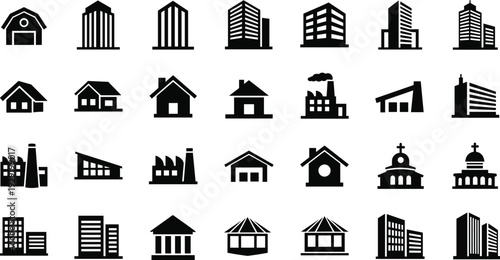 Building silhouettes, urban architecture icons, rural structures, industrial factories, residential houses, office skyscrapers, barns, churches, government courthouse, gazebo, warehouses