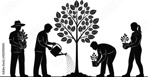 Community teamwork planting tree illustration, environmental care, nature conservation, gardening activity, eco-friendly lifestyle, sustainability, teamwork, green future, collective effort