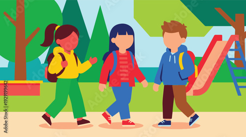 Diverse children with backpacks walking in a sunny park or schoolyard