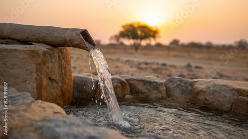 Water flowing from traditional well at sunset, rural water source, community resource visualization, village infrastructure moment, with copy space