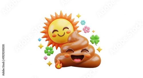 Cheerful sun and smiling poop character with lucky clovers and stars.