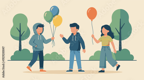 Happy children playing with colorful balloons in a park illustration