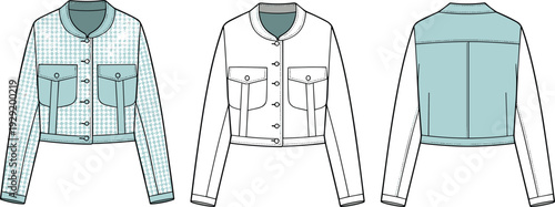 Light Blue and White Checkered Jacket with Pockets and Buttons Front and Back Views