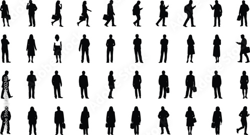 People silhouettes set featuring professional commuters walking with briefcases and using smartphones in city