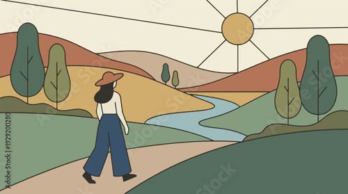 Stylized illustration of a person walking on a path in a serene natural landscape