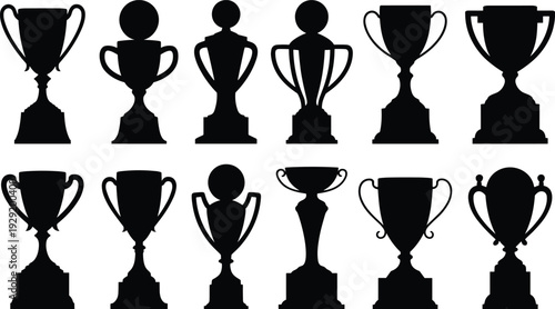 Ten black silhouette trophies with different arranged in two rows on a white background trophy prize