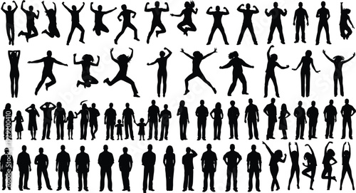 People silhouettes set with jumping happy figures diverse families and active group lifestyle poses