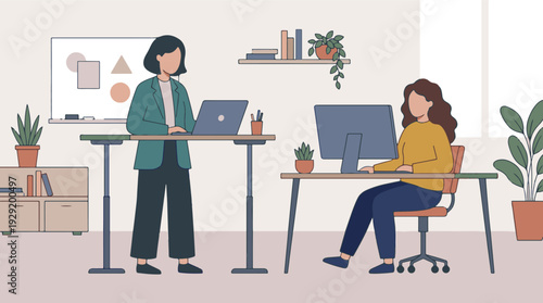 Two women working efficiently in a modern, minimalist office space