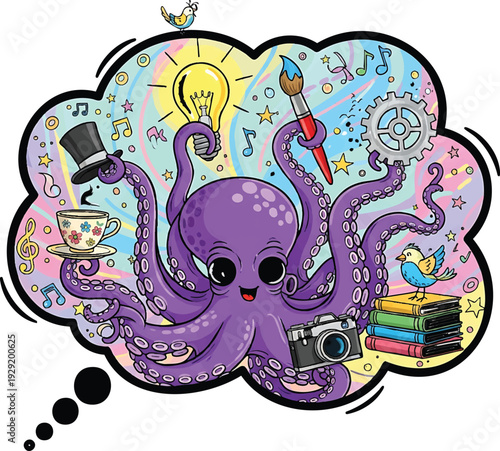 Creative and imaginative octopus with many tentacles holding various objects like a camera, lightbulb, and coffee, symbolizing inspiration and diverse interests within a thought bubble
