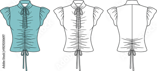 Three corset with lace-up front and puffed sleeves in blue and white