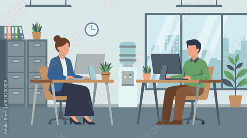 Office workers using computers at desks in a modern workspace illustration