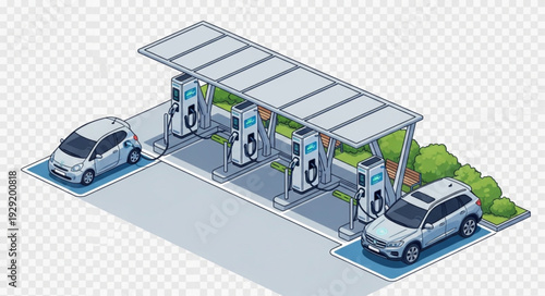 Electric vehicle charging station with cars under a solar panel canopy for sustainable energy.