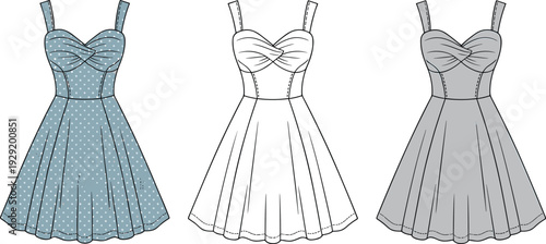 Three different styles of blue and white dresses with detailed bodices and full skirts polka dots