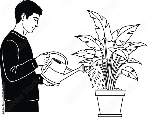 Man watering indoor plant vector illustration, houseplant care concept with watering can and potted foliage isolated background