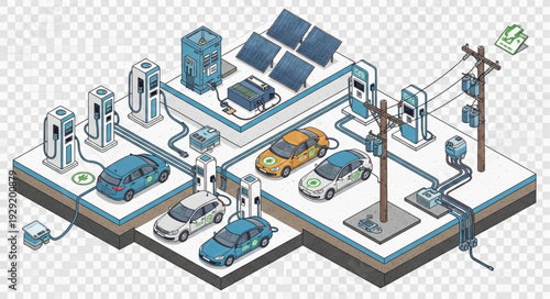 Isometric illustration of electric vehicles charging at a solar-powered station, eco-friendly future.