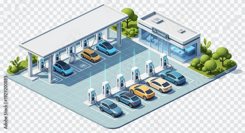 Electric vehicle charging station with multiple cars, modern design, and sustainable energy focus.