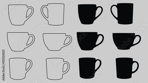 A collection of 12 coffee mug illustrations in various line art and solid black styles on a light gray background