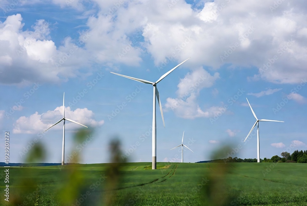 Fototapeta premium Wind turbines in a field under a blue sky with clouds. Wind energy generation is occurring, set on farmland.