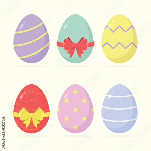 A set of colourful Easter eggs with different ornaments and bows. Easter holiday elements with patterns. Happy Easter vector illustration.