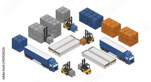 Logistics and transportation scene with trucks and forklifts.