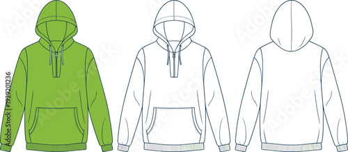 Three hooded sweatshirts in green and white with front pockets and drawstrings