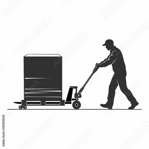 Warehouse Worker Pulling Hand Pallet Jack with Stack of Paper