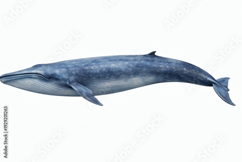 Blue whale isolated on white, side view massive scale photorealistic marine mammal full body detail