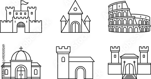 Historic Castle Church and Colosseum Line Icon Set with Medieval Fortress and Landmark Architecture Symbols