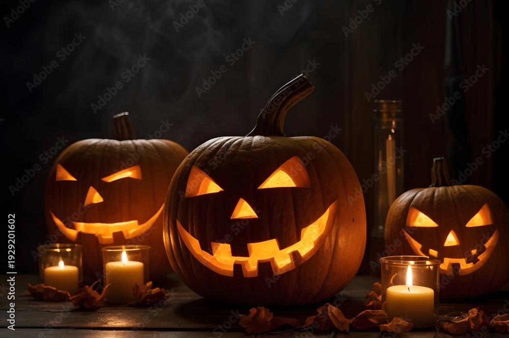 Fototapeta premium Spooky jack o lanterns glowing brightly on wooden table with candles