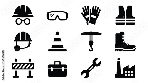 Labor day safety themed silhouette logo set including hard hat goggles gloves boots and construction signs on white background for workplace protection and awareness campaigns