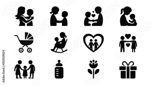 Set of 12 mother's day silhouette logos featuring family love and parenting icons in black on white background