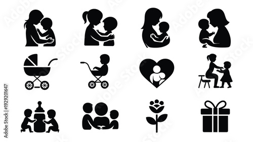 Mother's day silhouette logos set black icons for family love and gift concepts on white background