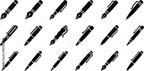 Pen and Fountain Pen Silhouette Set Writing Instrument Collection Isolated on White Background Vector Illustration