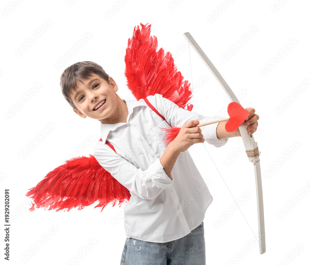 Obraz premium Cute boy with Cupid's wings and bow on white background. Valentine's Day celebration