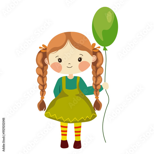 A girl with a green balloon without a background